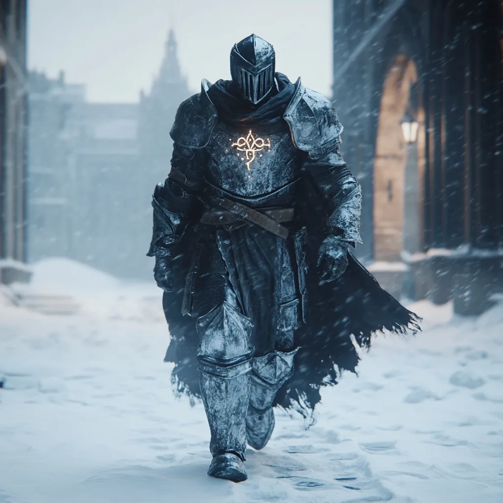 A lone knight, clad in frost-covered, dark armor, strides through a snow-swept medieval city.  His helmet obscures his face, but a glowing emblem is visible on his chest.  The snow falls heavily, blurring the background buildings into a hazy backdrop.  The knight's imposing figure dominates the scene, conveying a sense of mystery and quiet determination.