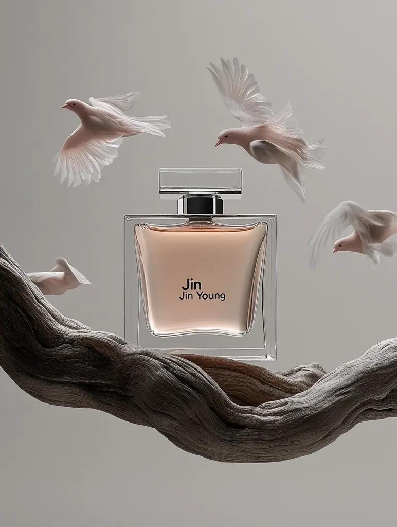 A bottle of "Jin" perfume by Jin Young is the focal point, resting on a piece of driftwood.  Three white doves in flight surround the bottle, creating a serene and elegant atmosphere.  The minimalist aesthetic uses muted tones and soft lighting, emphasizing the perfume's delicate essence.  The overall image conveys a sense of peace and tranquility.