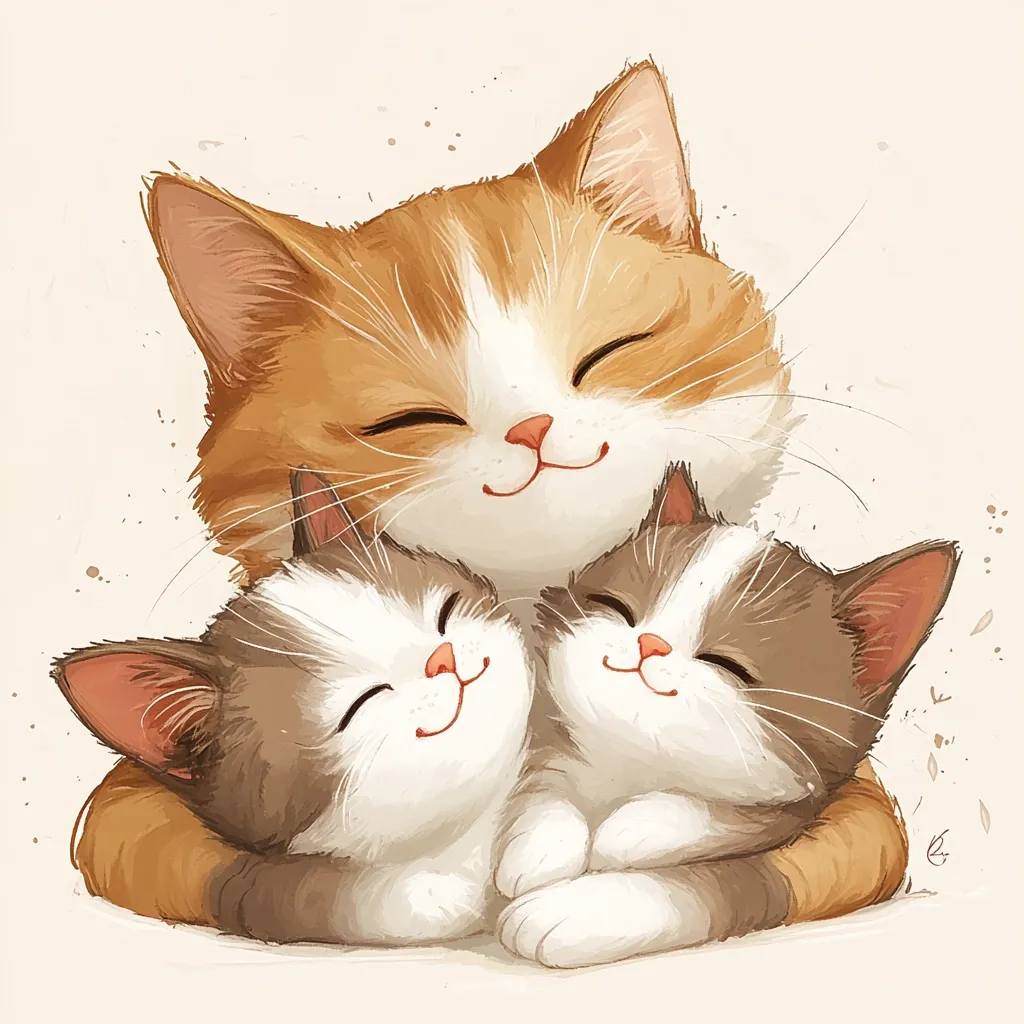 A heartwarming illustration depicts a large orange tabby cat embracing two smaller kittens.  The mother cat's eyes are closed in contentment, mirroring the blissful expressions of her offspring.  The kittens snuggle close, creating a picture of familial love and warmth. The soft, pastel color palette enhances the tender scene's overall gentle and loving mood.