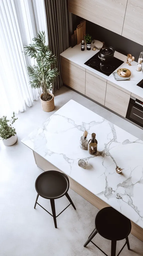 A modern kitchen island with a white marble countertop is shown from an overhead perspective. Two black stools sit at the island, and a few small items are arranged on its surface.  The kitchen features light wood cabinetry and a sleek black cooktop. Natural light streams in from a large window, illuminating a plant next to the curtains. The overall style is minimalist and chic.