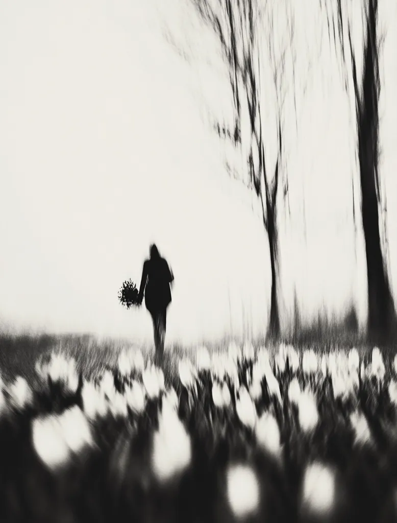 A solitary figure, silhouetted against a blurred background, walks away carrying a bouquet.  The scene is monochromatic, with stark contrasts between the dark figure and the light, out-of-focus field of what appear to be flowers.  Two bare trees stand in the background, adding to the melancholic and somewhat mysterious atmosphere. The overall effect is one of motion and loneliness.