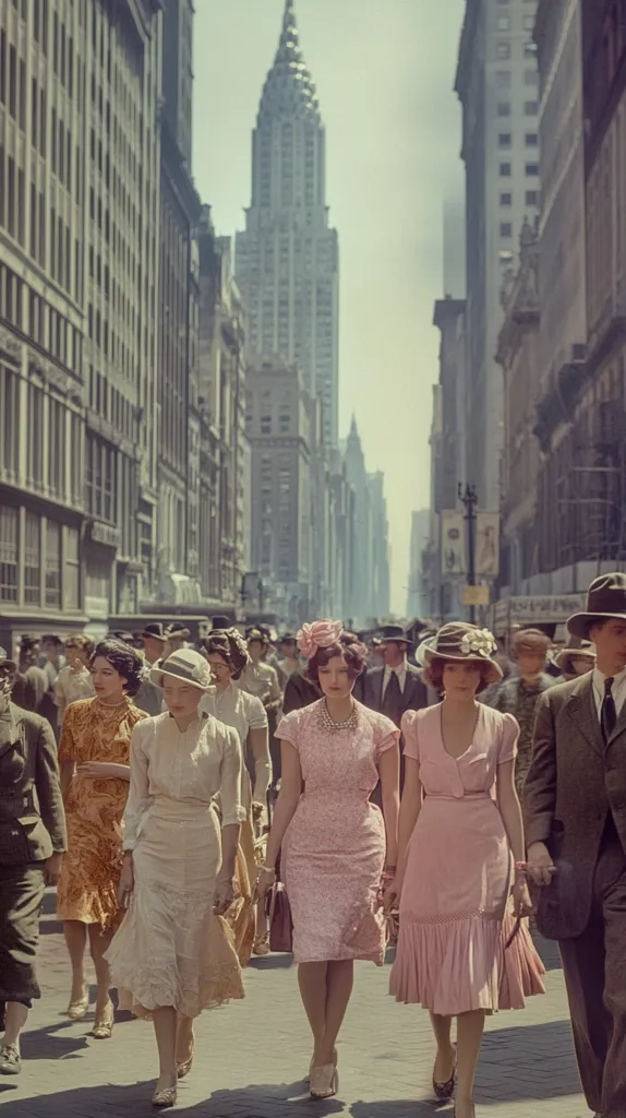 A colorized photograph captures a bustling New York City street scene in the 1940s.  Elegantly dressed women in pastel dresses stroll along a wide avenue, the Chrysler Building soaring in the background. Men in suits walk alongside, showcasing the era's fashion and urban landscape. The image conveys a sense of sophistication and a glimpse into mid-20th-century American life.
