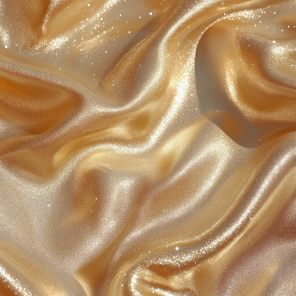 The image showcases a luxurious, shimmering champagne-gold fabric.  Softly draped, the satin material reflects light, creating a subtle sparkle and highlighting its smooth, flowing texture.  The folds and ripples of the cloth add depth and visual interest, evoking a sense of opulence and elegance.