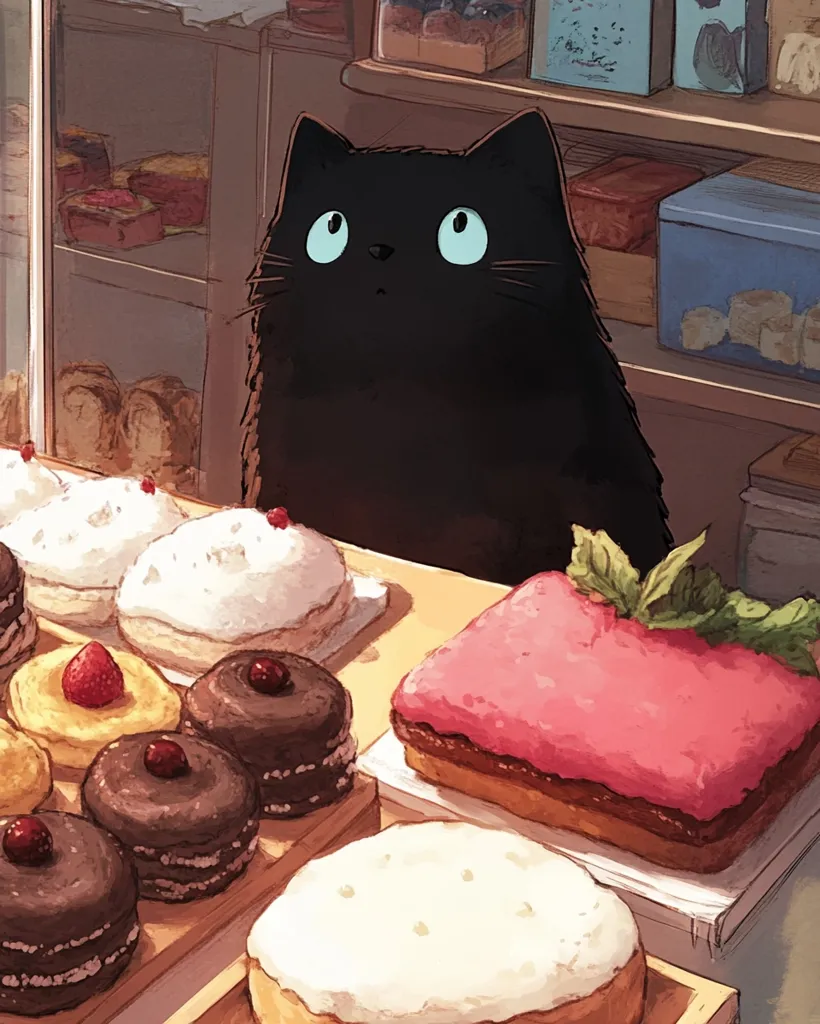 A plump black cat with large, curious eyes gazes longingly at a display of delectable pastries.  A variety of cakes and sweet treats are arranged on wooden boards, including cream-topped cakes, chocolate macarons, and a strawberry-topped confection. The scene is set in a cozy bakery, with shelves of other goods visible in the background. The overall style is charming and whimsical.