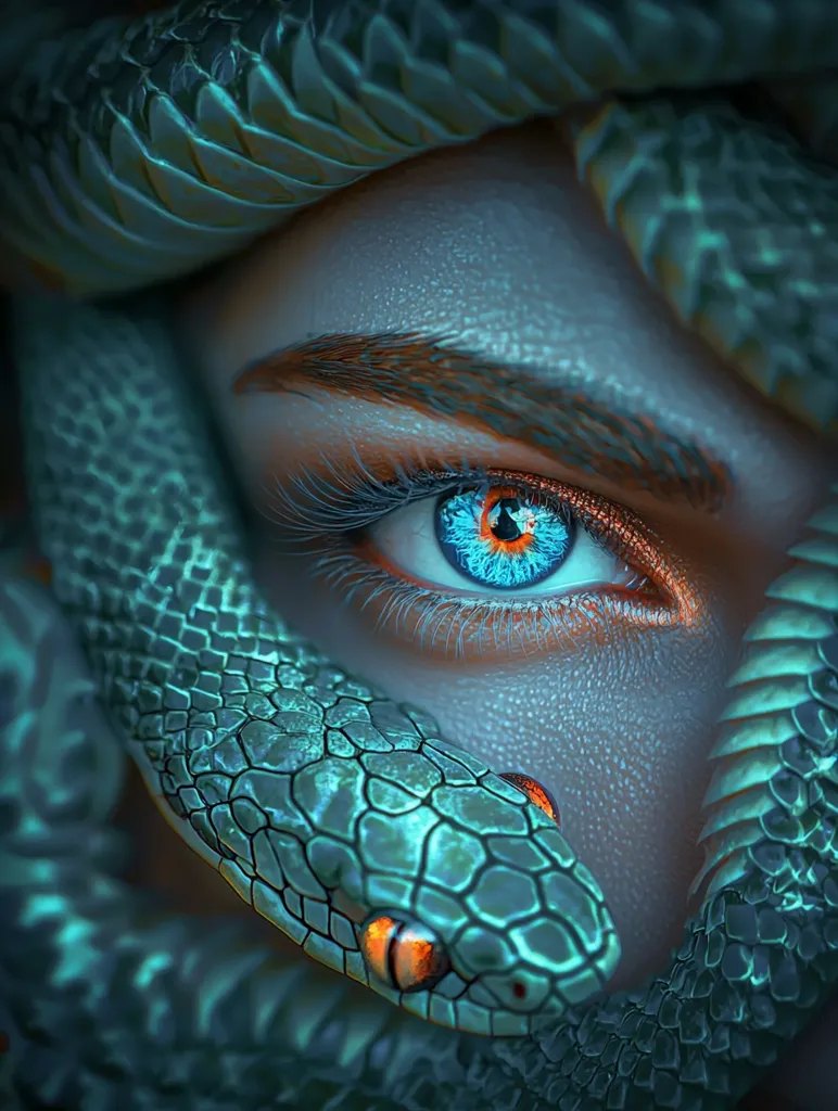 A close-up reveals a woman's striking blue eye, partially obscured by a teal-scaled snake.  The snake's textured skin is vividly detailed, contrasting with the soft, luminous quality of the woman's skin.  The overall effect is one of mystical allure, blending the natural world with human beauty in a surreal and captivating image.  The color palette is cool and ethereal.