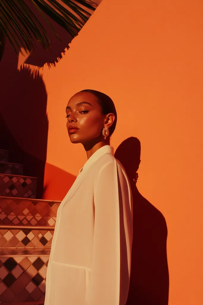 A woman with tan skin and short dark hair wears a flowing white shirt against a vibrant orange wall.  Sunlight casts a shadow, highlighting the texture of the shirt and the geometric tiled stairs behind her. She wears gold hoop earrings. The overall aesthetic is warm, minimalist, and stylish.