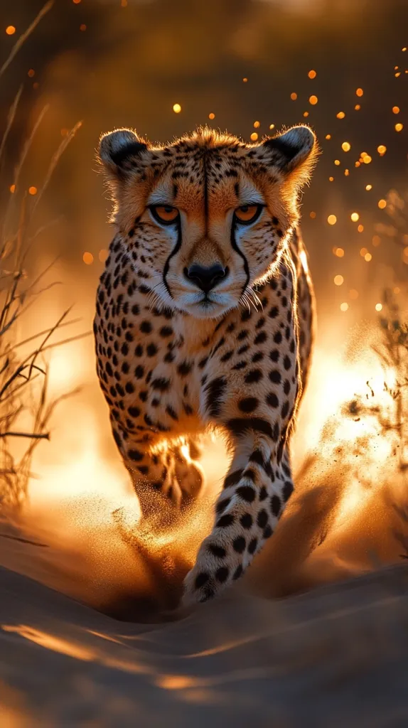 A cheetah runs through a sandy landscape at sunset.  Golden light illuminates its spotted coat as it gracefully moves, kicking up sand with its powerful legs. The cheetah's intense gaze is directed straight at the viewer, creating a dramatic and captivating image.  Dust particles shimmer in the air, adding to the magical ambiance.