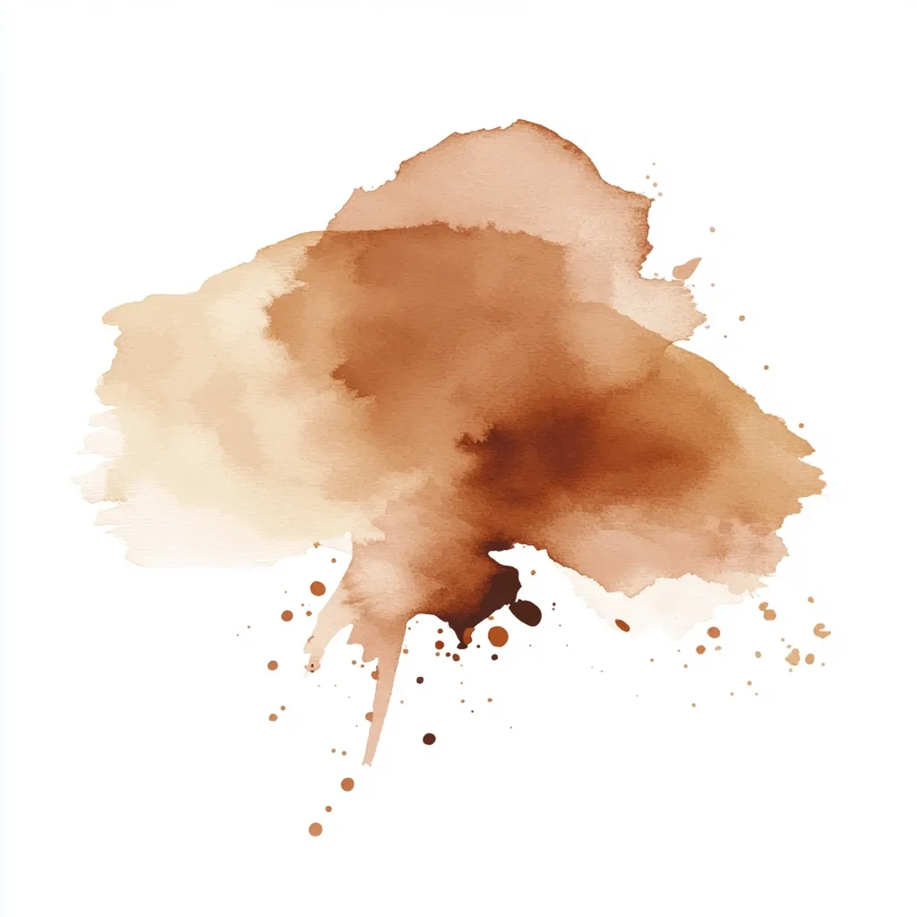 An abstract watercolor wash in shades of brown and beige dominates the image.  The central mass is irregular, with softer edges fading into lighter tones.  Smaller droplets and splatters extend downward, creating a dynamic, organic feel against the stark white background.  The overall effect is one of fluidity and natural movement.