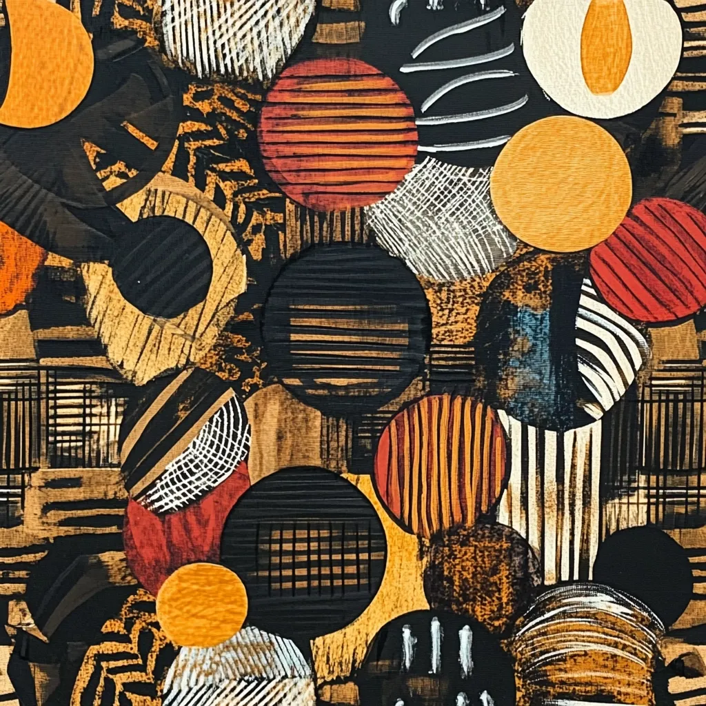 An abstract artwork featuring overlapping circles in varying sizes and patterns.  The color palette is predominantly earth tones—browns, oranges, and reds—with accents of black and white.  The circles are adorned with stripes, grids, and other textured designs, creating a visually rich and complex composition. The overall effect is a dense, layered image with a textured feel.