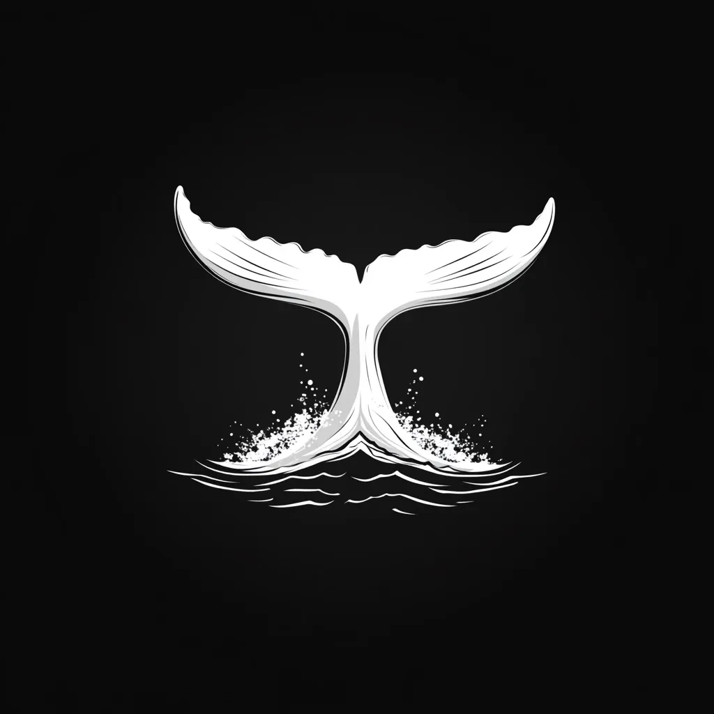 A stylized white whale tail breaches the dark water, its flukes elegantly displayed against a black background.  The image is minimalist, focusing on the powerful form of the tail and the splash of water created by its movement.  The contrast of black and white creates a striking visual.