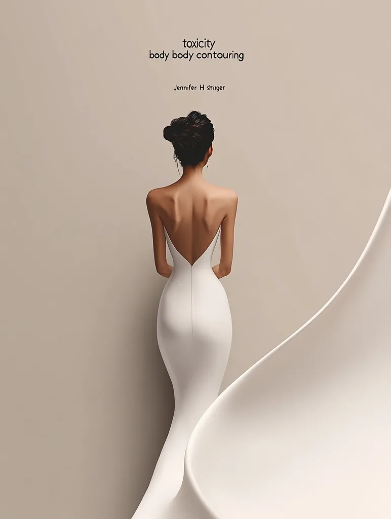 The image shows a woman from behind, wearing a form-fitting white gown with a low back.  The title "Toxicity Body Body Contouring" and author "Jennifer H Striger" are displayed above. The woman stands against a minimalist beige background, partially obscured by a flowing white abstract shape. The overall aesthetic is clean, modern, and subtly suggestive.