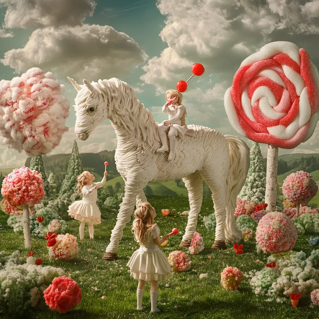 Three little girls play in a whimsical candy-land. A large white unicorn, crafted from what seems to be confectionery, stands in a field of colorful candy trees and flowers.  One girl sits atop the unicorn, while the others stand below, holding lollipops. The scene is surreal and dreamlike, evoking a feeling of childhood fantasy.  Giant lollipops serve as trees, adding to the sugary landscape.