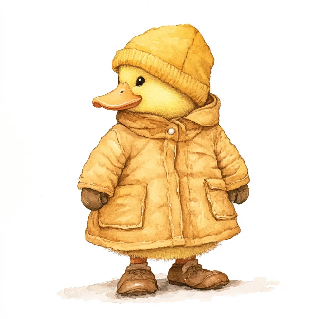 A watercolor painting depicts a cute duckling bundled up for cold weather.  The duckling wears a large, yellow coat with pockets, matching knit hat, and brown shoes. Its expression is sweet and innocent, conveying a sense of warmth and charm. The style is whimsical and detailed, emphasizing the softness of the duckling's feathers and the texture of its clothing.  The background is plain white, focusing attention on the adorable subject.