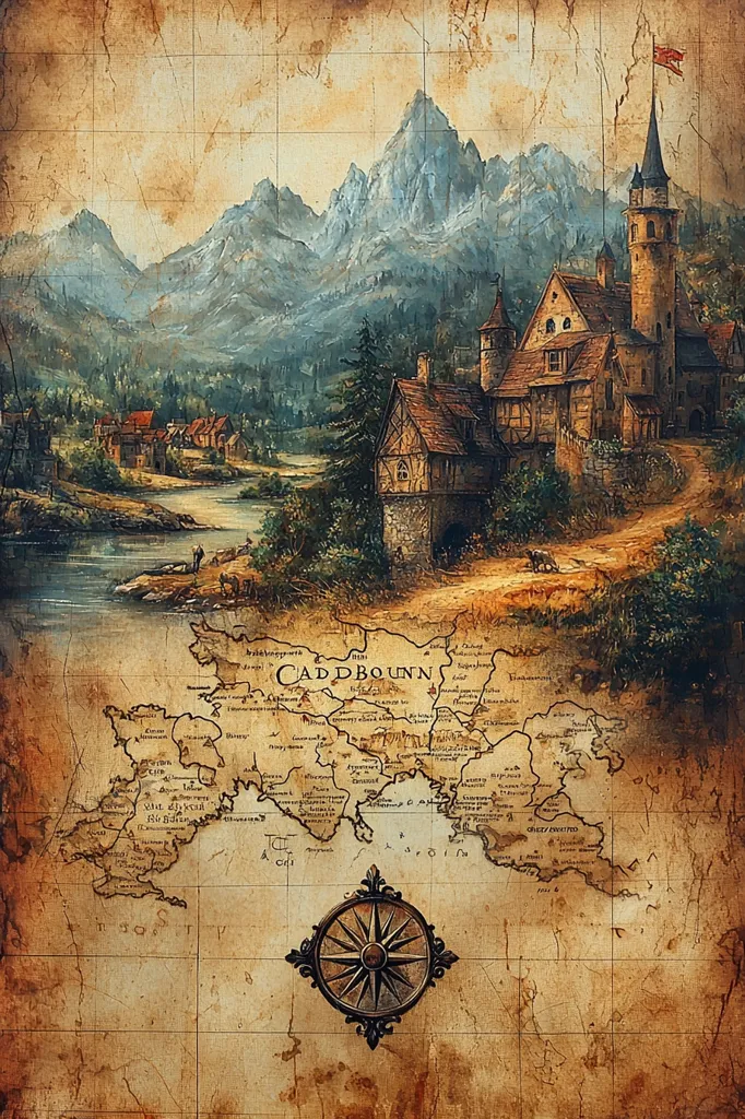 A medieval-style painting depicts a quaint village nestled beside a river, with a majestic castle overlooking it.  Towering mountains form a dramatic backdrop.  Below the scene is an antique map, titled "Caddbounn," showing various regions and a compass rose, giving the overall composition the feel of a fantasy realm or historical travelogue. The aged parchment texture adds to the artistic effect.