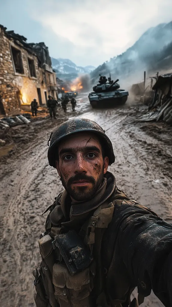 A mud-caked soldier takes a selfie amidst a war-torn village.  A tank rolls down a muddy road in the background, smoke rising from burning buildings.  The soldier's face is grim, reflecting the harsh reality of combat.  Other soldiers are visible in the distance, contributing to the scene's intense atmosphere of conflict. The image evokes a sense of desolation and the visceral experience of war.