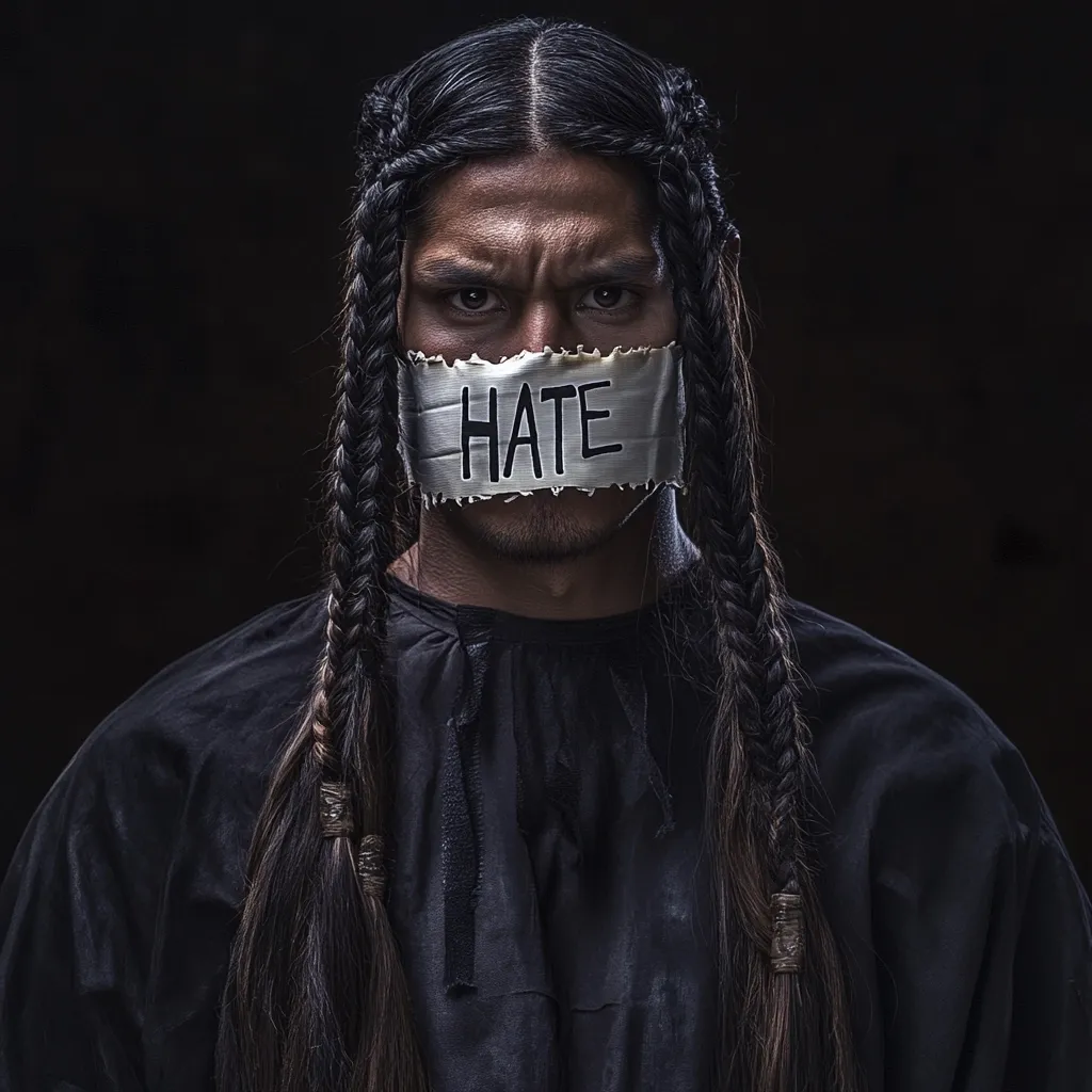 A close-up shot portrays a person with long, braided dark hair, their mouth covered by duct tape inscribed with the word "HATE."  The individual's intense gaze and serious expression convey a powerful message against hatred and oppression.  The dark background emphasizes the subject's solemn demeanor and the gravity of the statement. The image evokes a sense of silencing and protest.