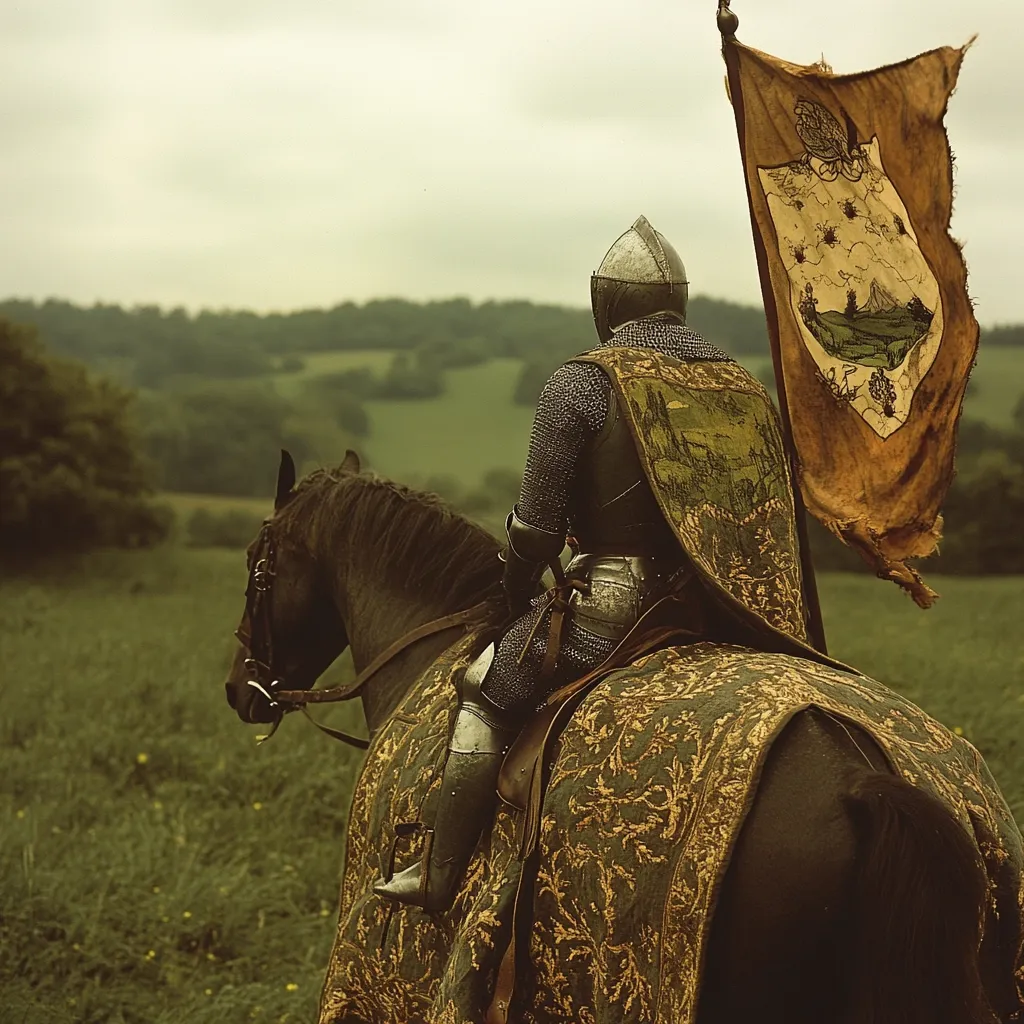 A lone knight in full plate armor sits astride a dark horse, his back to the viewer. He carries a tattered, ornate banner depicting a coat of arms. The rolling green hills and overcast sky suggest a melancholic mood. The scene evokes a sense of medieval history and solitude. The knight's armor and the horse's richly decorated barding are meticulously detailed.