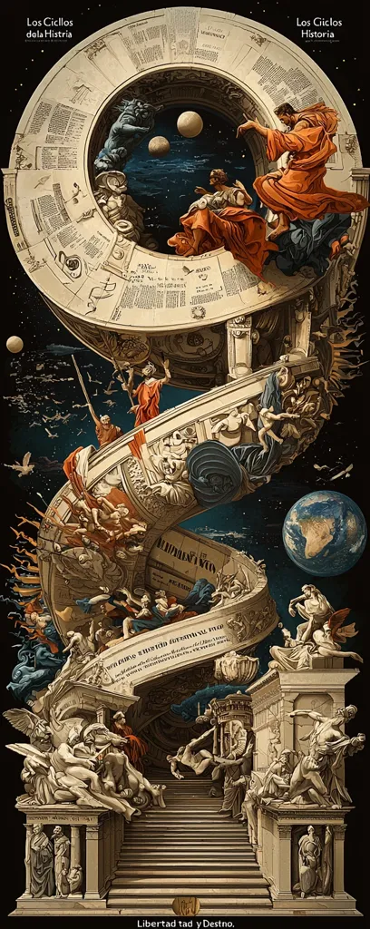 A swirling spiral depicts the cycles of history, merging classical sculptures with celestial bodies.  Figures representing various eras and events climb a grand staircase, reaching towards a celestial sphere.  The artwork is rich in detail, showing a blend of historical imagery and cosmic elements, suggesting a continuous flow of time and human experience.  The title, "Libertad tad y Destino," hints at themes of freedom and destiny.