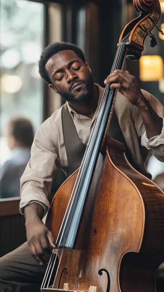 A dark-skinned man sits, eyes closed, playing a double bass.  He's dressed in a light beige shirt and brown vest, appearing relaxed and focused on his music. The warm lighting accentuates the rich, dark wood of the instrument.  The background is blurred, suggesting an intimate setting, perhaps a coffee shop or jazz club.  His expression is serene, reflecting his connection to the music.