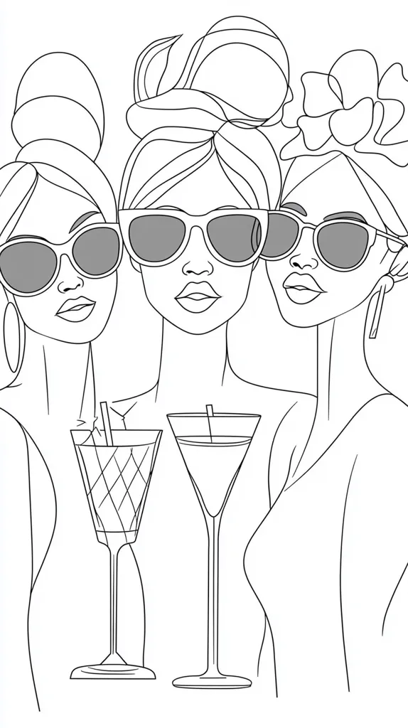 A line drawing depicts three stylish women, each with unique hairstyles and sunglasses, posing together.  They are elegantly dressed and hold cocktails, creating a sophisticated and fashionable scene. The artwork's simplicity highlights the subjects' chic appearances and their shared enjoyment of a celebratory moment.  The overall aesthetic is clean, modern, and subtly glamorous.