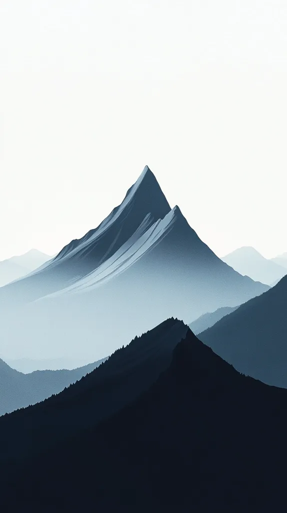 A stylized minimalist landscape depicts a series of mountains under a pale sky.  The central peak is sharply defined in shades of blue, while the surrounding mountains fade into darker silhouettes, creating a sense of depth and serenity.  The overall color palette is cool and subdued, evoking a feeling of tranquility and vastness.