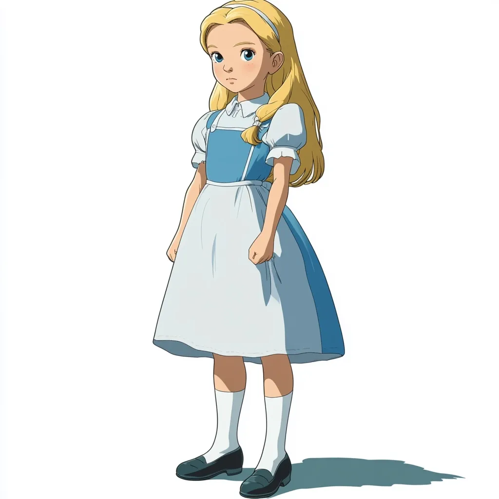 A young girl with long blonde hair, styled in a braid, stands against a white background. She wears a light blue and white dress, reminiscent of Alice in Wonderland, paired with white socks and dark shoes. Her expression is serious, and her hands are clenched at her sides.  The animation style is clean and detailed, suggestive of a Studio Ghibli production.