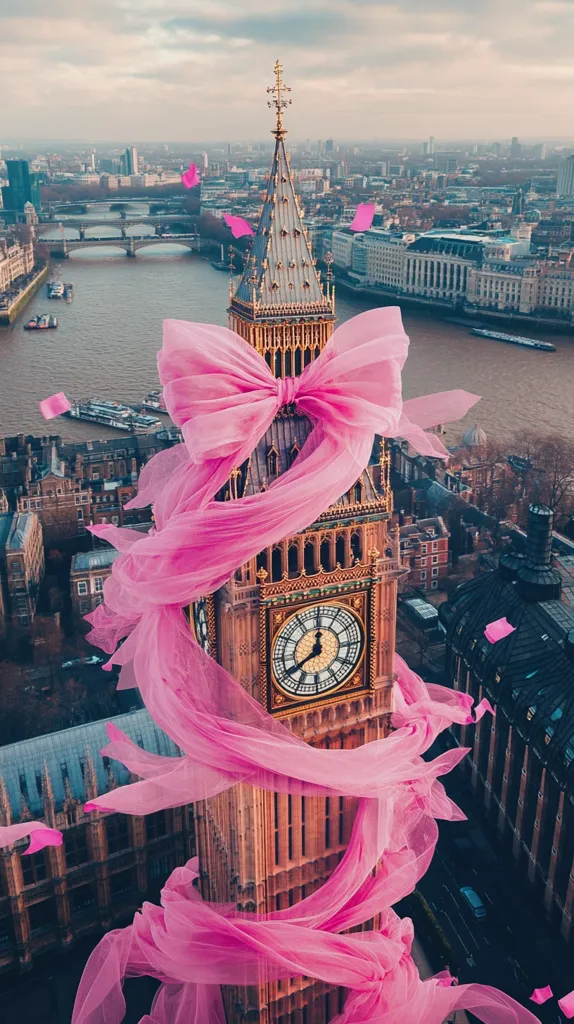 An aerial view of London's Elizabeth Tower (Big Ben) adorned with a large, flowing pink bow and ribbon.  The cityscape stretches out beneath a cloudy sky, showcasing the Thames River and surrounding buildings.  Pink confetti-like elements drift around the iconic clock tower, creating a whimsical and festive atmosphere.