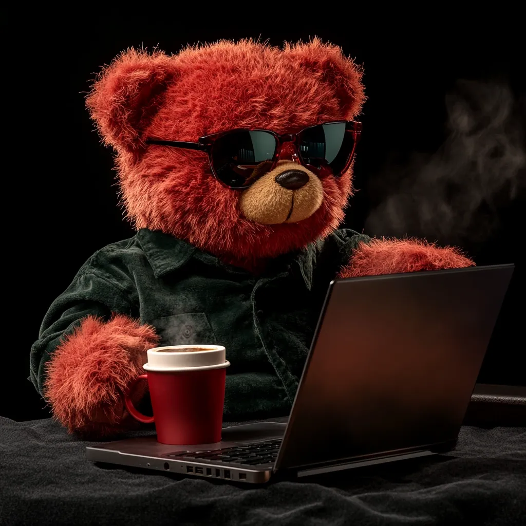 A reddish-brown teddy bear, wearing sunglasses and a dark green shirt, sits at a laptop computer.  A steaming cup of coffee sits beside the laptop. The bear appears to be working or perhaps engaging in some clandestine activity,  creating a humorous and slightly mysterious scene against a black background.