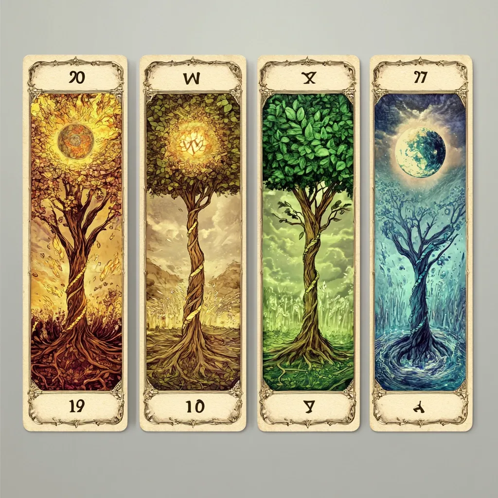 Four vertical cards depict stylized trees representing the four elements.  Each card features a central tree with a unique color palette and background reflecting fire, earth, air, and water respectively.  Numbers and symbols adorn the cards, suggesting a possible connection to a tarot or divination system.  The artistic style is detailed and evocative, emphasizing the natural world and its elemental forces.
