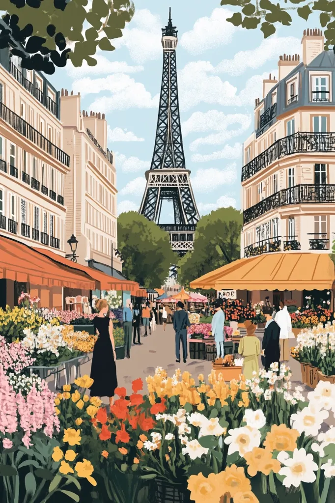 A vibrant Parisian street scene unfolds, featuring a bustling flower market overflowing with colorful blooms.  Elegant Parisian buildings line the street, their balconies adorned with intricate details.  The Eiffel Tower stands proudly in the distance, a picturesque backdrop to the lively atmosphere. People stroll through the market, creating a charming and idyllic Parisian moment.