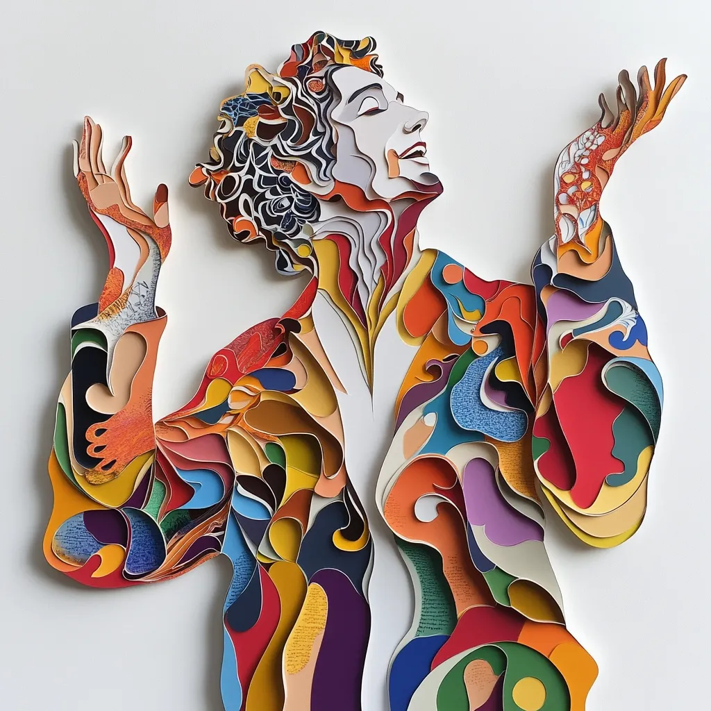 A vibrant, layered paper-cut artwork depicts a stylized figure, possibly a portrait, with arms raised. The multi-colored layers create a dynamic, abstract form.  The artist employs a bold palette of reds, oranges, yellows, blues, and purples, with intricate detailing in the hair and clothing.  The piece suggests movement and emotion, showcasing the artist's skill in manipulating paper to create three-dimensionality.