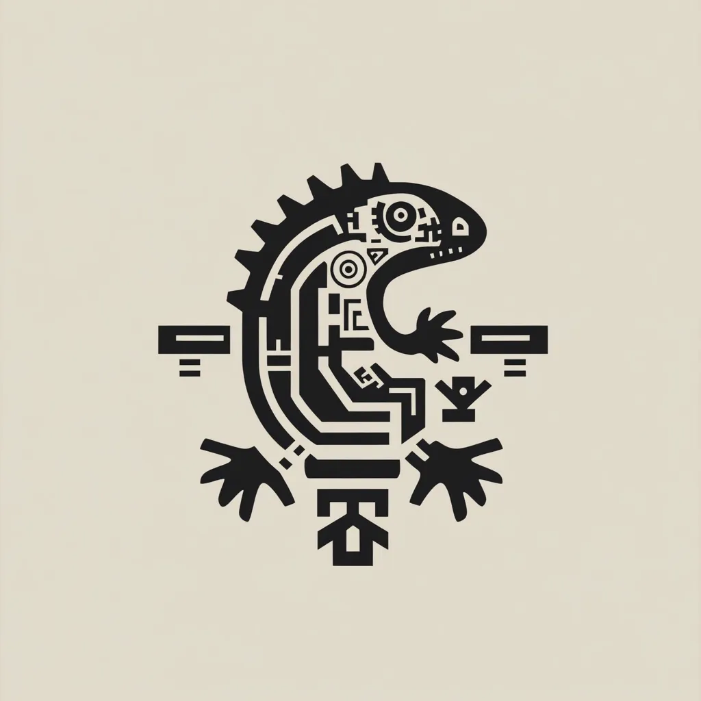 A stylized black lizard or reptile is depicted against a beige background.  The creature's body is formed from interconnected geometric shapes and lines, creating an abstract, almost mechanical, appearance.  Simple geometric elements extend from the main body, forming limbs and decorative features. The overall style suggests a blend of tribal or folk art with a modern, graphic design approach.