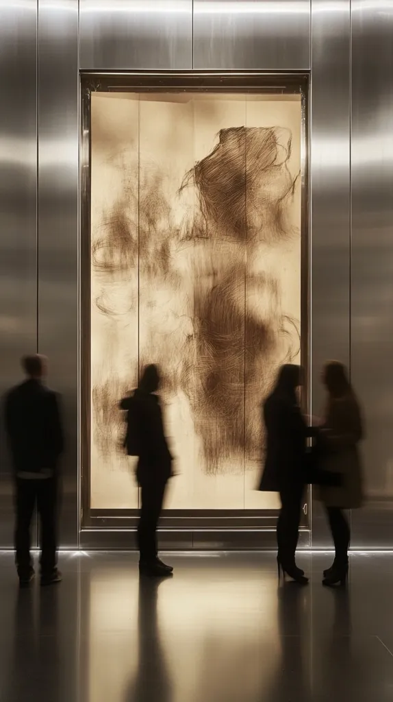 Blurred figures stand before a large abstract artwork displayed in a sleek, modern setting. The artwork, in muted browns and creams, features gestural brushstrokes creating a sense of depth and movement. The piece is framed within a dark frame against a polished metal wall, reflecting the figures and enhancing the minimalist ambiance of the gallery space.  The overall mood is serene and contemplative.