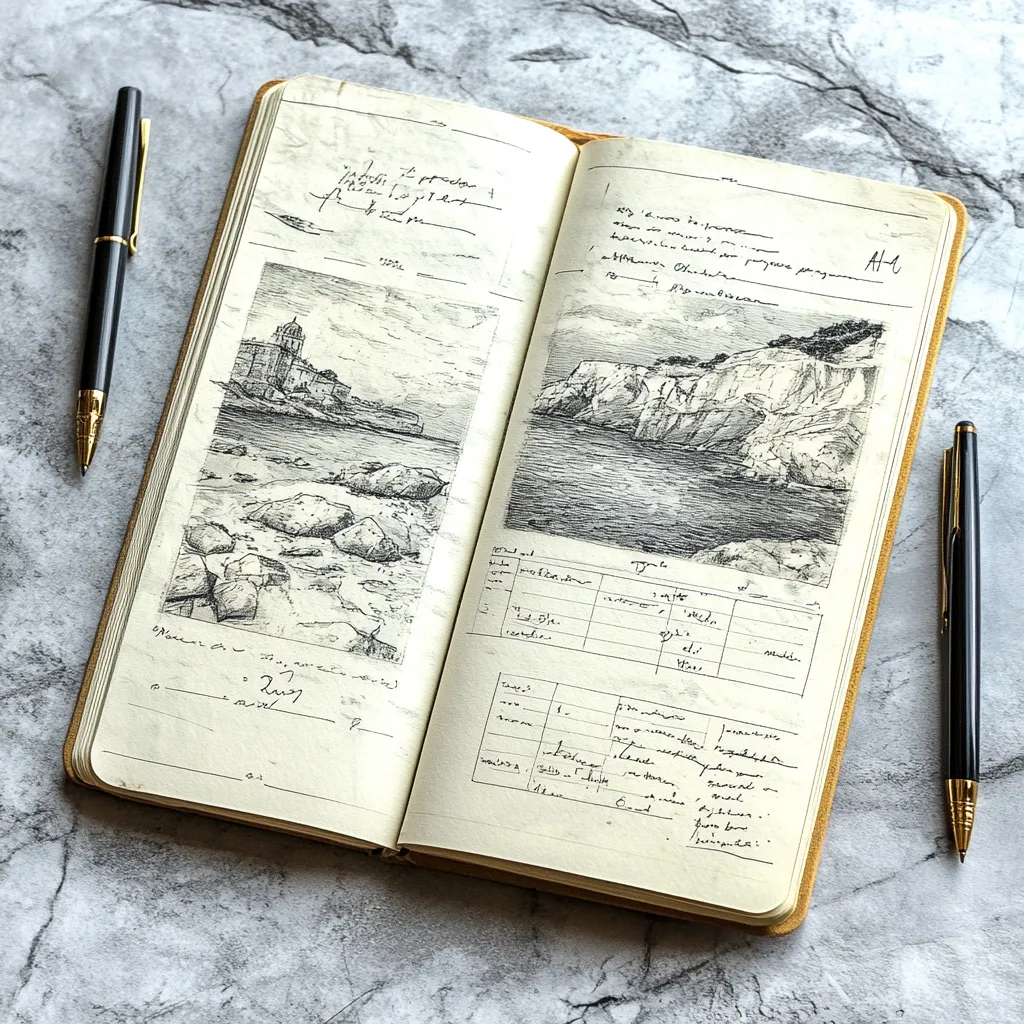 An open sketchbook rests on a marble surface, showcasing detailed pencil sketches of coastal scenes.  One page depicts a rocky shoreline with a distant building, while the other shows dramatic cliffs meeting the sea.  Handwritten notes and tables, possibly detailing observations or measurements, accompany the drawings. Two pens lie beside the book, suggesting ongoing creative work. The overall aesthetic is one of artistic documentation and travel journaling.