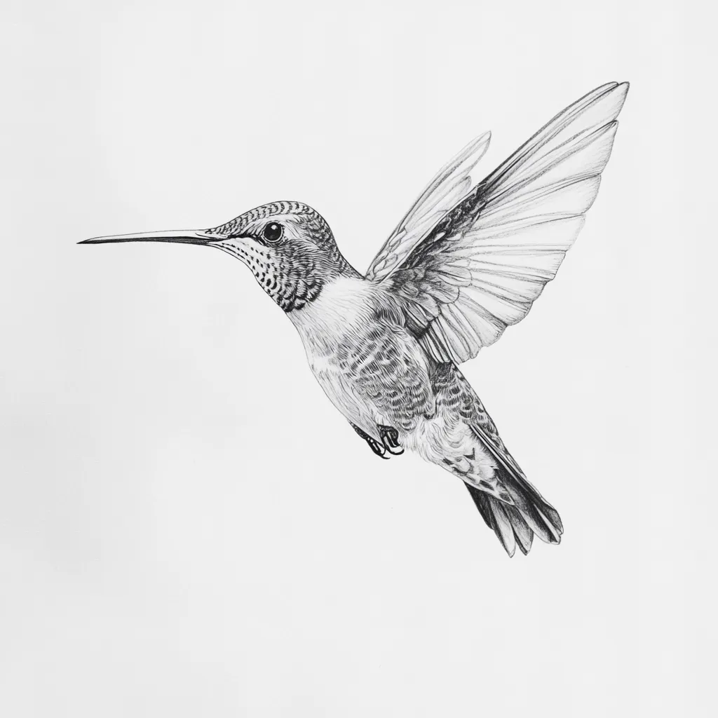 A detailed pencil sketch depicts a hummingbird in mid-flight.  Its wings are outstretched, showcasing intricate feather detail. The bird's long beak is pointed to the left, and its body is rendered with meticulous shading, highlighting the texture of its feathers. The minimalist background emphasizes the hummingbird's graceful form and dynamic pose. The overall style is realistic and elegant.