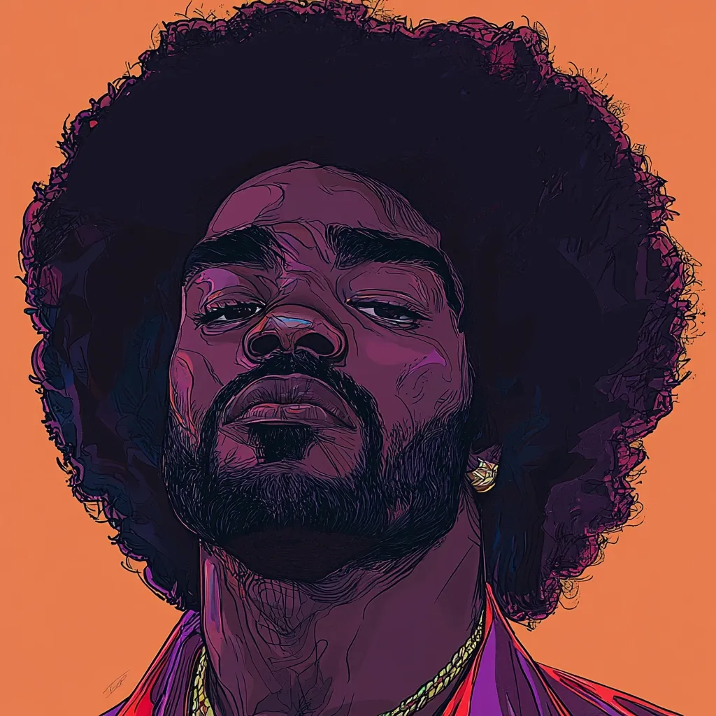 A stylized portrait of a Black man with a large afro.  His expression is serious and contemplative.  The artwork uses bold lines and a limited color palette of purples and oranges, creating a striking contrast against the background.  He wears a gold chain and a hint of a purple jacket is visible. The style is reminiscent of graphic novels or comic book art.