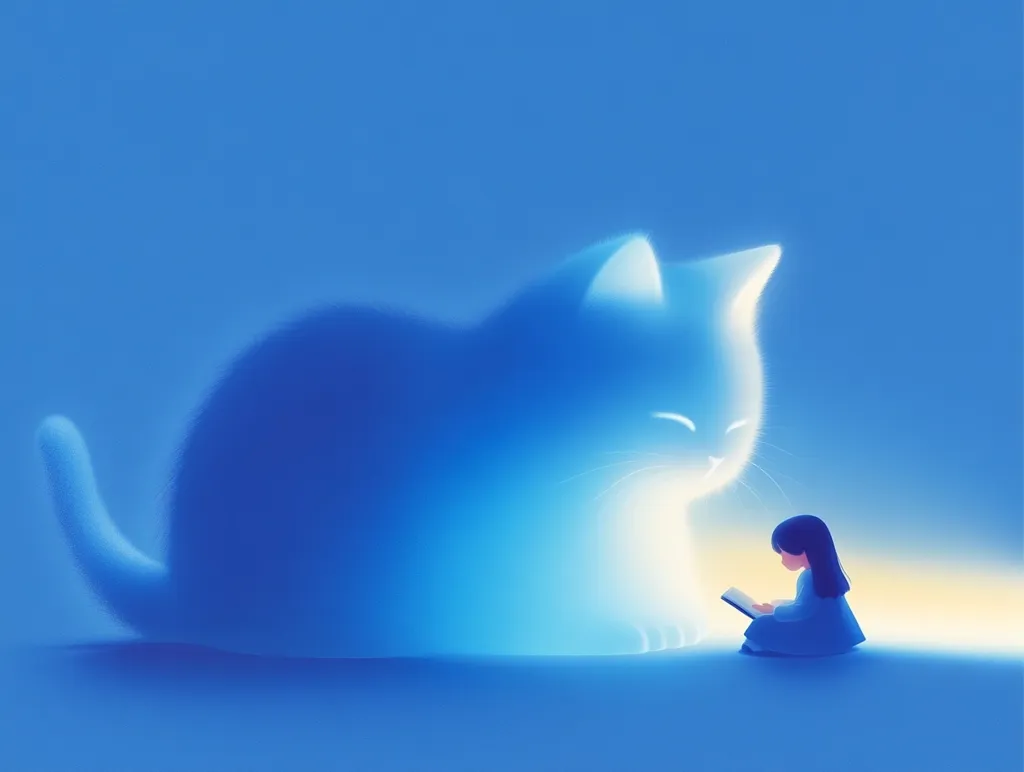 A serene illustration depicts a small girl engrossed in reading a book, bathed in a soft, warm light.  Beside her sits a large, luminous cat, its form softly rendered in shades of blue, creating a peaceful and magical atmosphere.  The overall tone is calming and whimsical, suggesting a comforting companionship.