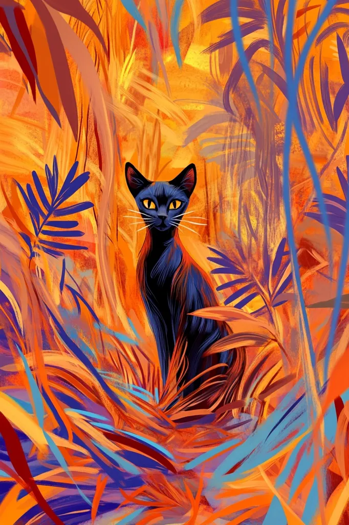 A black cat with bright yellow eyes sits amidst a vibrant, abstract landscape of orange, blue, and purple brushstrokes.  The style is painterly and expressive, suggesting tropical foliage surrounding the feline. The cat's dark fur contrasts sharply with the warm, fiery background, creating a striking visual effect. The overall impression is one of warmth and mystery.