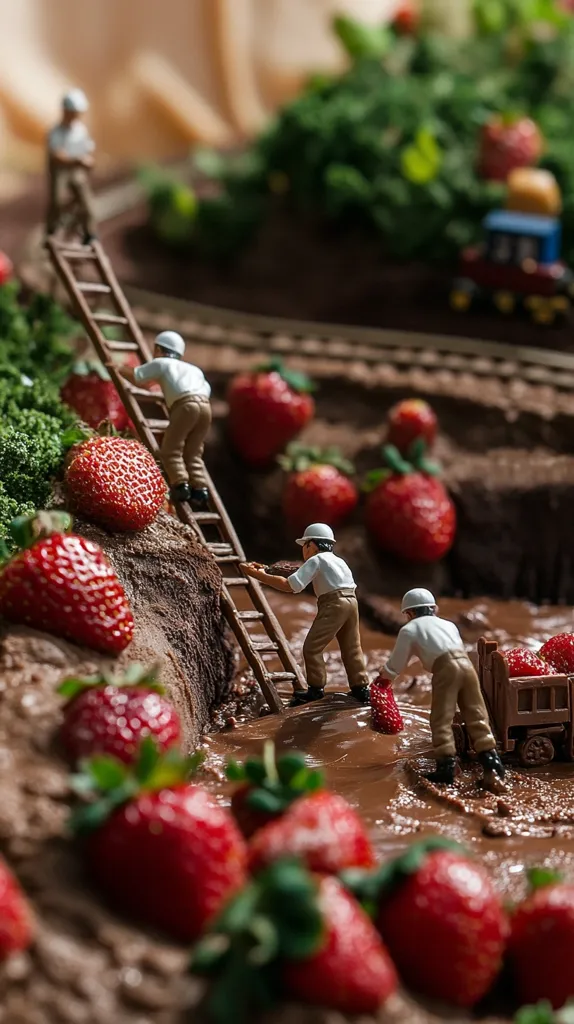 Miniature workers harvest strawberries from a chocolate landscape.  They use a small ladder and a miniature truck.  The scene is whimsical and detailed, with many ripe strawberries surrounding a chocolate "muddy" area.  A small train is visible in the background, adding to the miniature world created on the cake.