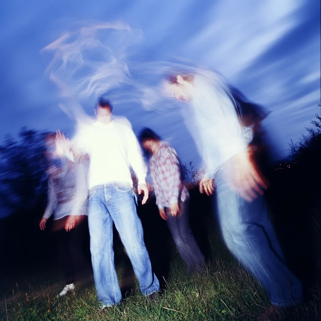 A group of young adults stand in a field at dusk, their forms blurred by motion.  The central figure, a man in jeans and a white shirt, is partially obscured by the others, who are also in motion.  The overall effect is one of dynamism and energy, suggesting a spontaneous moment captured in time.  The sky is a deep blue, hinting at twilight.