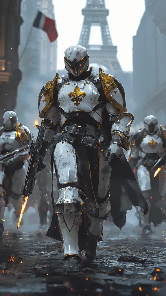 A futuristic soldier, clad in white and gold armor bearing a fleur-de-lis, leads a squad through a war-torn Parisian street.  The Eiffel Tower looms in the background, partially obscured by smoke and debris. The soldiers' armor is highly detailed, showcasing a blend of medieval and advanced technological aesthetics.  The scene is evocative of a conflict in a technologically advanced future, set against a backdrop of familiar Parisian landmarks.