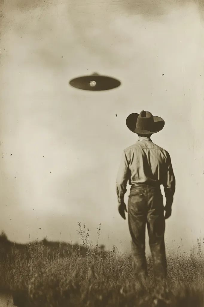 A sepia-toned photograph depicts a lone cowboy, seen from behind, standing in a grassy field.  He wears a wide-brimmed hat and jeans. Above him, a dark, disc-shaped object hovers in the sky, suggestive of a UFO. The image evokes a sense of mystery and the classic imagery of alien encounters in the American West.  The overall feel is vintage and slightly grainy, enhancing the nostalgic and otherworldly atmosphere.