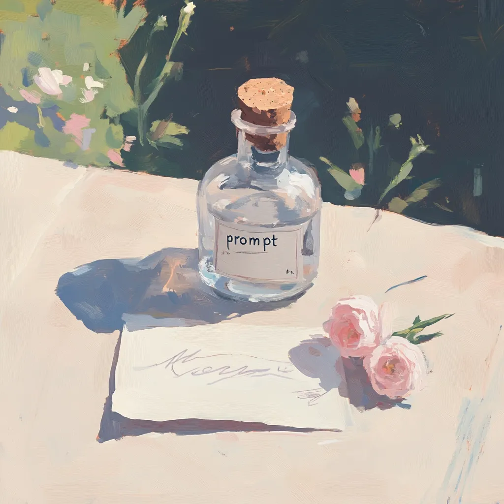 A painting depicts a clear glass bottle with a cork stopper and a label reading "prompt" sitting on a light beige surface outdoors.  Sunlight casts shadows.  Beside the bottle, a piece of paper with faint writing rests near two pale pink roses.  The background is softly rendered greenery, suggesting a garden setting.  The style is loose and painterly, emphasizing light and atmosphere.