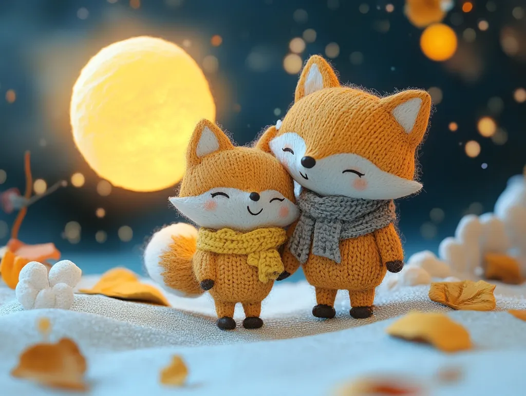 Two adorable knitted fox plushies stand in a snowy landscape under a large, luminous moon.  The larger fox wears a grey scarf, while the smaller fox sports a yellow one.  Autumn leaves are scattered around them, creating a charming winter scene.  The overall ambiance is warm and inviting, evoking feelings of comfort and companionship.