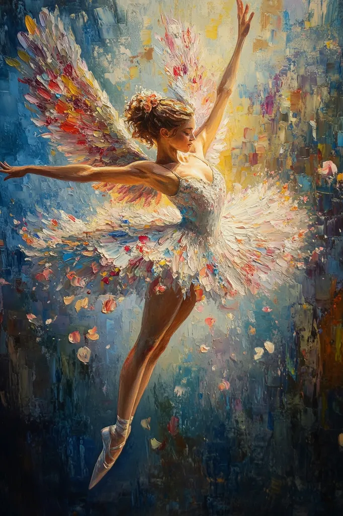 A vibrant oil painting depicts a ballerina mid-leap, her white tutu adorned with colorful, petal-like details.  Large, iridescent wings sprout from her back, adding a fantastical element.  The background is a rich, textured blend of blues and purples, contrasting with the bright hues of the ballerina and her wings.  The overall impression is one of ethereal beauty and grace.