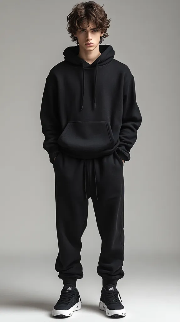 A young man with curly brown hair models a black hooded sweatshirt and matching sweatpants.  The outfit is simple and relaxed, with a comfortable, casual feel. He wears black sneakers with white accents. The overall style is minimalist and understated. The backdrop is a neutral gray, focusing attention on the clothing and model.