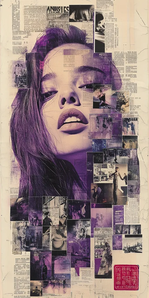 A stylized portrait of a woman with long purple hair dominates a collage.  Her face is centrally positioned, rendered with a soft focus and purple tones.  The background is a chaotic mix of newspaper clippings, photographs, and other ephemera, creating a textured and layered effect.  The overall color palette is muted purples and grays, lending a vintage and slightly melancholic atmosphere to the artwork.  Small figures and street scenes are visible within the collage elements, suggesting urban life.