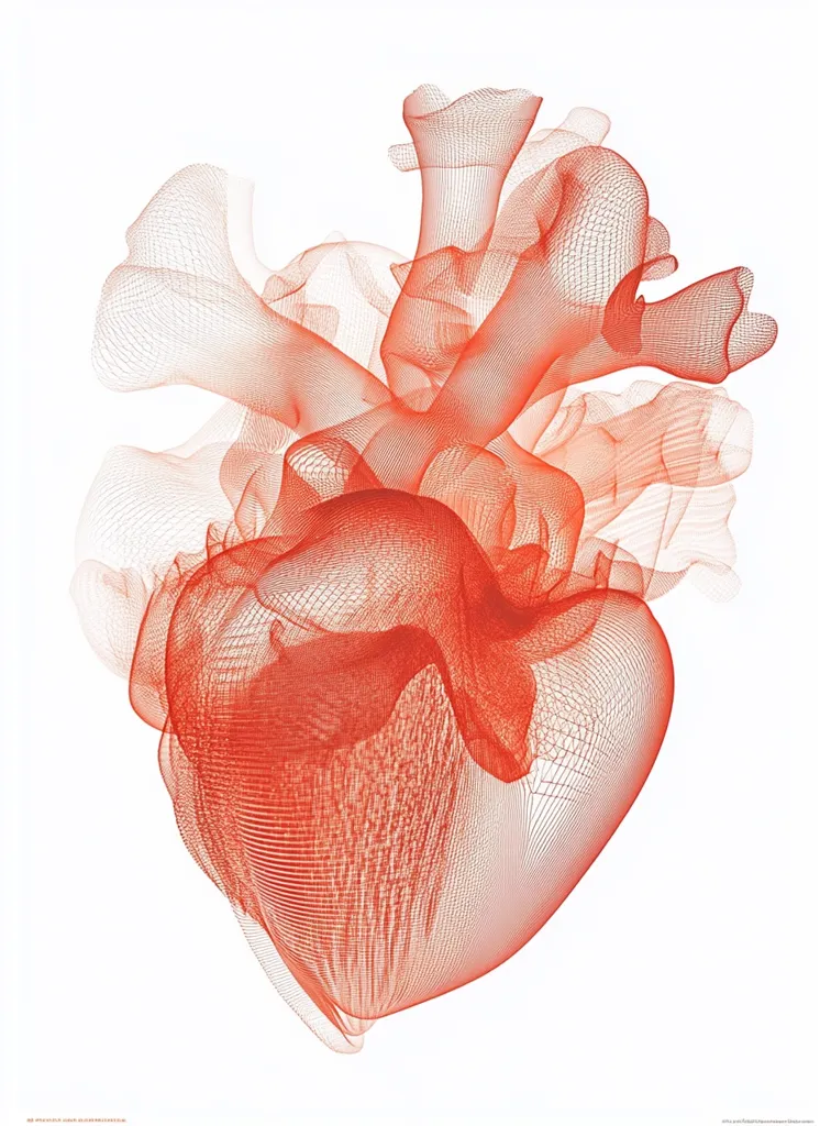 A stylized anatomical heart is depicted in a red wireframe, creating a translucent and ethereal effect against a white background.  The image utilizes a mesh-like structure to represent the heart's form, highlighting its chambers and vessels.  The delicate lines suggest movement and a sense of lightness, contrasting the heart's inherent strength and function.  The overall aesthetic is both scientific and artistic.