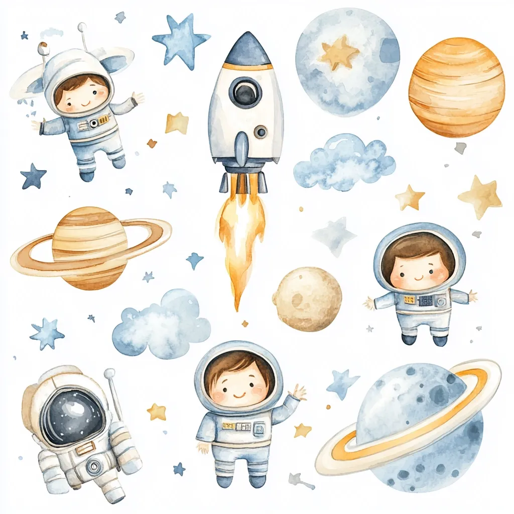 A watercolor illustration features adorable cartoon astronauts in spacesuits, a rocket launching with fiery exhaust, and various planets and celestial bodies like moons and stars.  The style is whimsical and childlike, perfect for children's books or nursery decorations.  The color palette is soft and muted, with blues, oranges, and whites dominating the scene.