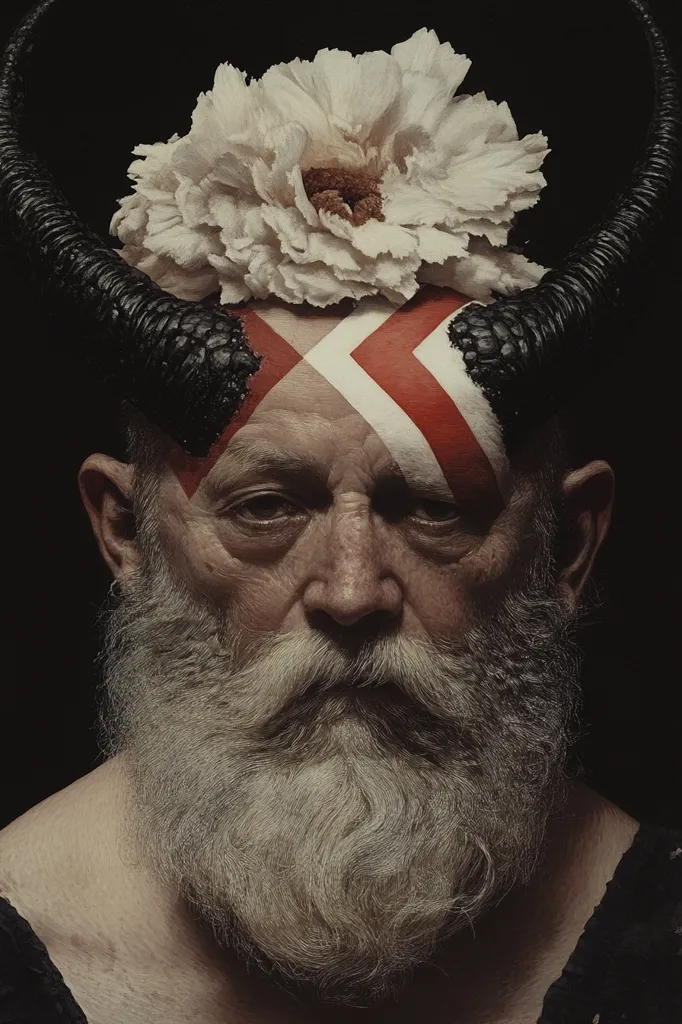 A close-up portrait of an elderly man with a long white beard.  He wears a large white flower crown and dark, curved horns, adorned with red and white face paint in a geometric pattern. The image is darkly lit, creating a dramatic and somewhat mystical atmosphere.  His expression is serious and intense, conveying a sense of age and perhaps, otherworldliness.